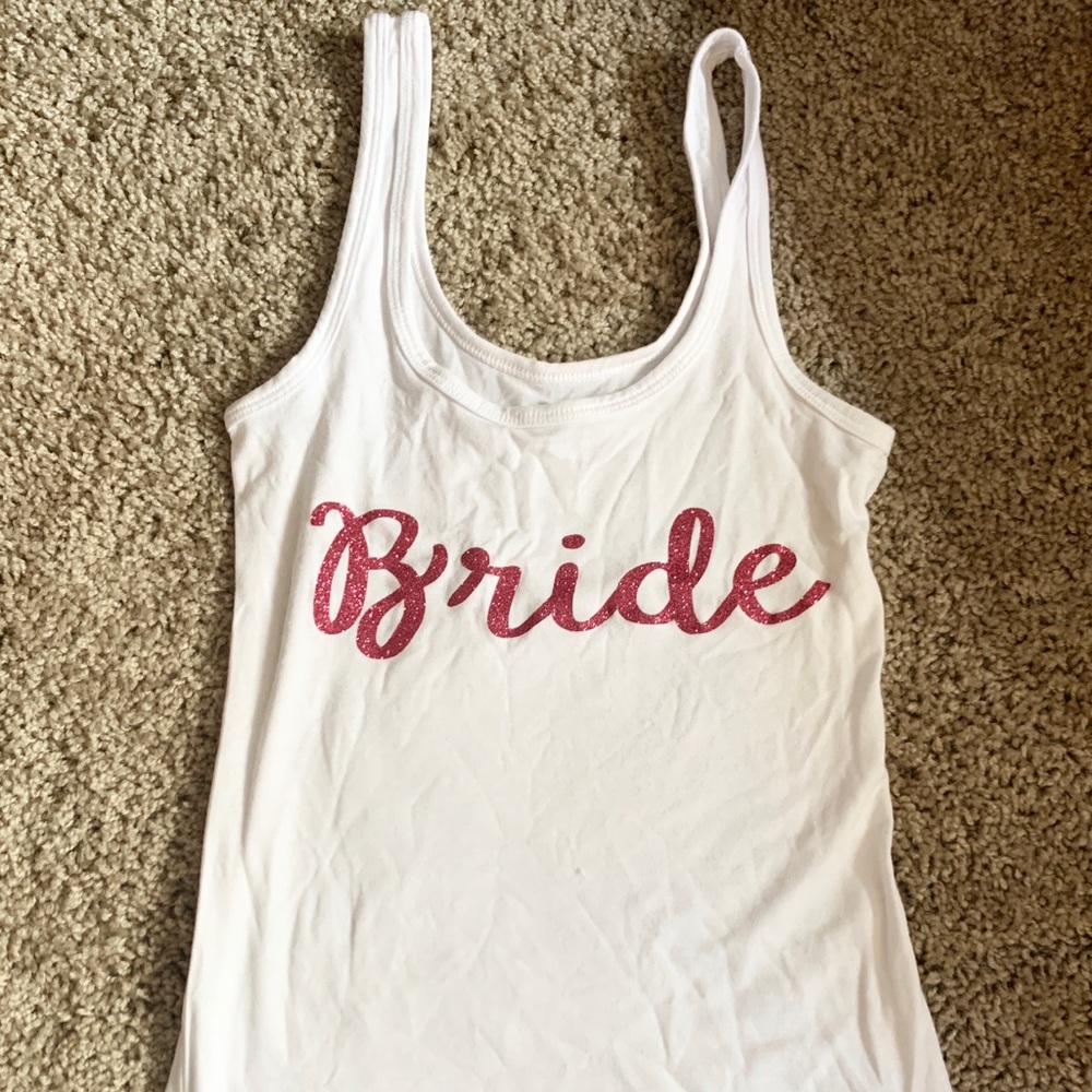 SO xs white “bride” fitted tank top.